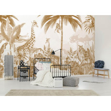 Eine Fototapete mit einem tropischen Dschungel voller verträumter Tiere in Taupe- und Terrakotta-Tönen in einem Kinderzimmer.