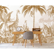 Eine Fototapete mit einem tropischen Dschungel voller verträumter Tiere in Taupe- und Terrakotta-Tönen in einem Schlafzimmer.