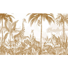 Fototapete mit einem tropischen Dschungel mit verträumten Tieren und taupefarbenen Terrakotta-Akzenten, perfekt für ein verspieltes Kinderzimmer.