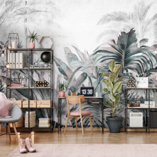 Eine Fototapete mit tropischen Dschungelpflanzen und Blättern im botanischen Stil, die eine beruhigende Atmosphäre in einem Büroraum schafft.
