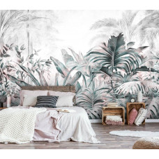 Eine Fototapete mit tropischen Dschungelpflanzen und Blättern im botanischen Naturstil, ideal für die Schaffung einer tropischen Atmosphäre in einem Schlafzimmer.