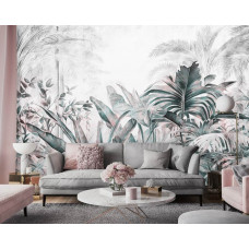 Eine Fototapete mit tropischen Dschungelpflanzen und Blättern im botanischen Naturstil, geeignet für ein Wohnzimmer, das einen tropischen Touch braucht.