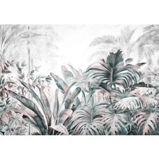 Fototapete mit tropischen Dschungelpflanzen und Blättern, dargestellt in einem botanischen Stil.