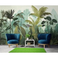 Fotobehang tropische jungle sfeer in een woonkamer met groene bladeren en exotische planten.