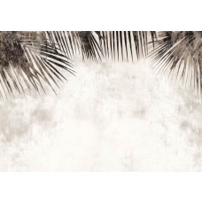 Fotobehang met tropische palmtakken in vintage stijl met warme, gedempte kleuren op een lichte achtergrond.