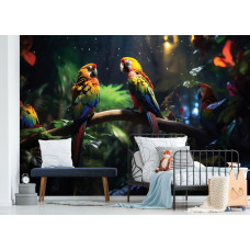 Fototapete mit farbenfrohen tropischen Papageien im Dschungel in einem Kinderzimmer.