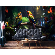 Fototapete mit farbenfrohen tropischen Papageien im Dschungel in einem Wohnzimmer.