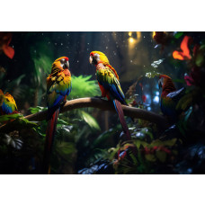 Fototapete mit farbenfrohen tropischen Papageien, die sich zwischen den dichten Blättern des Dschungels verstecken, mit lebendigen Details.