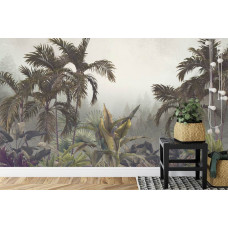 Eine Fototapete mit tropischen Pflanzen und nebliger Dschungelvegetation, abgebildet in einem Schlafzimmer.