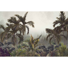 Tropische Pflanzen und Blumen in Nebel gehüllt, abgebildet auf einer Fototapete eines üppigen Dschungels.