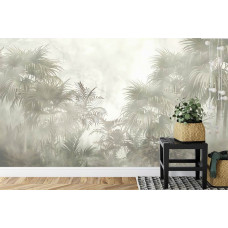 Eine Fototapete mit tropischen Pflanzen und Palmen in einer natürlichen Umgebung, abgebildet in einem Wohnzimmer.
