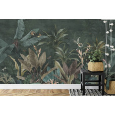 Eine Fototapete mit einer Kombination aus tropischem Dschungel und Vintage-Pflanzen, die in einem Schlafzimmer und Wohnzimmer angezeigt wird.
