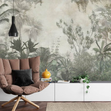 Eine Fototapete mit tropischen Pflanzen und Palmen in einem natürlichen Dschungel, abgebildet in einem Wohnzimmer.