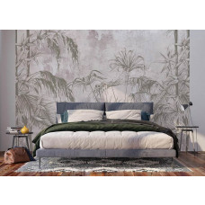 Eine Fototapete mit tropischen Pflanzen an einer Betonwand in einem Schlafzimmer.