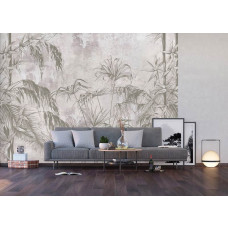 Eine Fototapete mit tropischen Pflanzen an einer Betonwand im Dschungelstil in einem Wohnzimmer mit Airtex-Tapete.