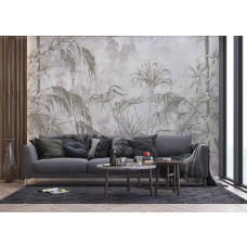 Eine Fototapete mit tropischen Pflanzen an einer Betonwand im Dschungelstil in einem Wohnzimmer.