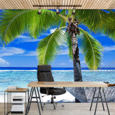Eine Fototapete mit einem tropischen Urlaub Bild einer Palme und Strand mit Meer und Hängematte, sichtbar in einem Büro.