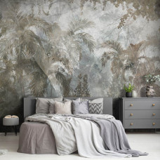Eine Fototapete mit tropischer Wildnis und Dschungelpflanzen vor einem Betonhintergrund, nahtlos verarbeitet in einem Schlafzimmer.