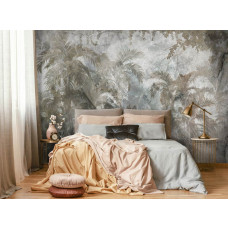 Eine Fototapete mit tropischer Wildnis und Dschungelpflanzen vor einem Betonhintergrund im Vliesbehangstil.