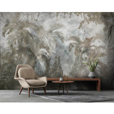 Eine Fototapete mit tropischer Wildnis und Dschungelpflanzen vor einem Betonhintergrund im Wohnzimmer.