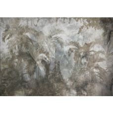 Fototapete von tropischen Dschungelpflanzen und Bäumen auf einem Betonhintergrund, mit einer modernen Note.