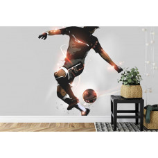 Fototapete mit einer kreativen Darstellung von Fußballtricks in einem Kinderzimmer.