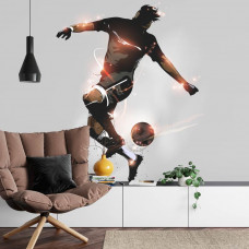 Fototapete mit einer kreativen Darstellung von Fußballtricks in einem Wohnzimmer.