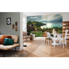 Eine Fototapete von einem Garten der Verführung, mit einer atemberaubenden Aussicht und Sonnenuntergang.