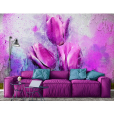 Eine Fototapete mit rosa Tulpen in einem Gemälde für das Wohnzimmer.