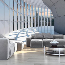 Eine Fototapete eines 3D-Tunnels mit Blick auf die Stadt New York im urbanen Stil, ideal für einen Wohnzimmerflur.