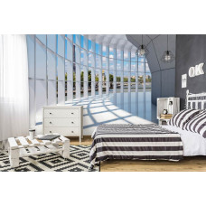 Fototapete eines 3D-Tunnels mit einem urbanen Blick auf Paris, geeignet für ein Schlafzimmer.