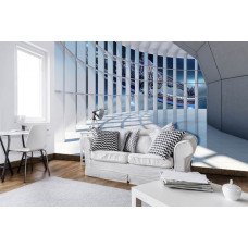 Eine Fototapete eines 3D-Tunnels mit einem Raumschiff in einer futuristischen Weltraumumgebung.