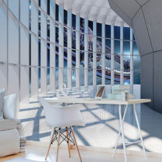 Eine Fototapete eines 3D-Raumes mit einem Raumschiff in einem kosmischen Tunnel für ein Büro.