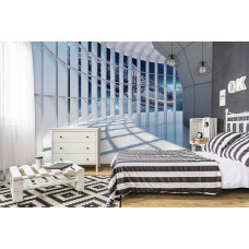 Eine Fototapete eines Tunnels im Universum mit einem Raumschiff, ideal für ein Schlafzimmer.