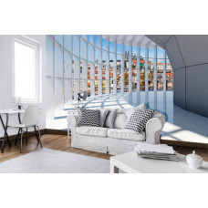 Eine Fototapete mit einem städtischen Panoramablick durch einen futuristischen Tunnel.