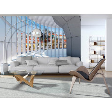 Eine Fototapete mit einem 3D-Tunnel mit Blick auf eine städtische Skyline, ideal für ein Wohnzimmer.