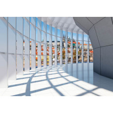 Fototapete mit einem 3D-Tunnel, Stadtansicht und einem Panoramablick auf eine Stadtlandschaft.