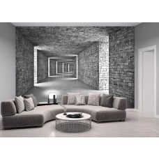 Fototapete im Wohnzimmer mit einer grauen Tunnelstruktur aus Stein in 3D, die Tiefe und Charakter ins Design bringt.