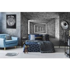 Fototapete im Schlafzimmer mit einem grauen Steintunnel in 3D, der visuelle Tiefe und moderne Akzente setzt.