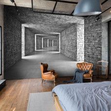 Fototapete im Schlafzimmer mit einem Steintunnel in 3D, der eine beruhigende und geheimnisvolle Atmosphäre schafft.