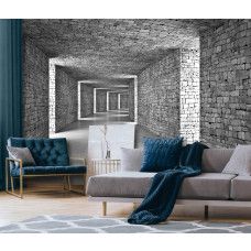 Fototapete im Wohnzimmer mit einem realistischen grauen Steintunnel in 3D, der dem Raum mehr Weite verleiht.