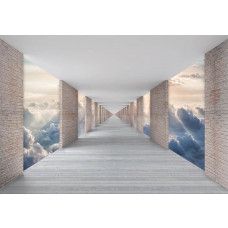 Tunnel-Fototapete mit Wolkenansicht im 3D-Effekt, die das Bild zu schweben scheint.