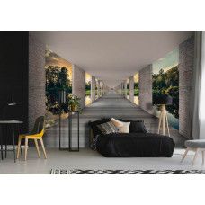 Eine Fototapete mit einem Tunnel und Seeblick in 3D-Effekt für das Schlafzimmer.