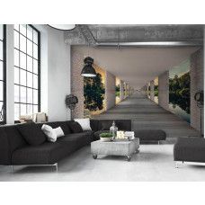 Eine Fototapete mit einem Tunnel mit 3D-Effekt und Seeblick für das Wohnzimmer.