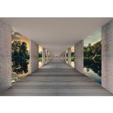 Tunnel-Fototapete mit Seeblick in 3D-Effekt mit Sonnenuntergang in der Ferne.