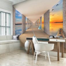 Fototapete mit Tunnel und See bei Sonnenuntergang im Büro.