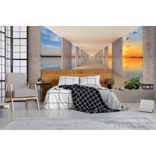 Fototapete mit Seeblick bei Sonnenuntergang im Schlafzimmer.