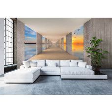 Fototapete mit Tunnel und Sonnenuntergang mit Seeblick für das Wohnzimmer.