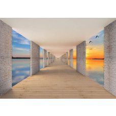 Fototapete mit einem 3D-Tunnel und Seeblick bei einem farbenfrohen Sonnenuntergang.