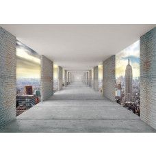 Fototapete mit einem 3D-Tunnel mit Blick auf die ikonische Skyline von New York mit Wolkenkratzern.